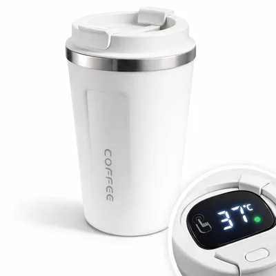Copo Térmico 500ml Inox com Display LED de Temperatura, Anti Vazamento, Mantém Bebidas Quentes e Geladas por Horas, Copo para Café Ideal para Carro, Escritório e Viagem (BRANCO)