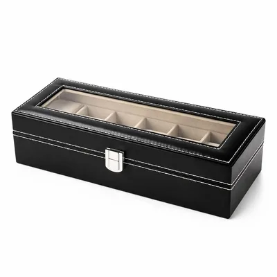 Caixa Porta Relógios para 6 Relógios com Visor Transparente, Organizador Elegante em Couro Sintético, Interior Aveludado e Fecho de Metal, Estojo Expositor Premium Preto