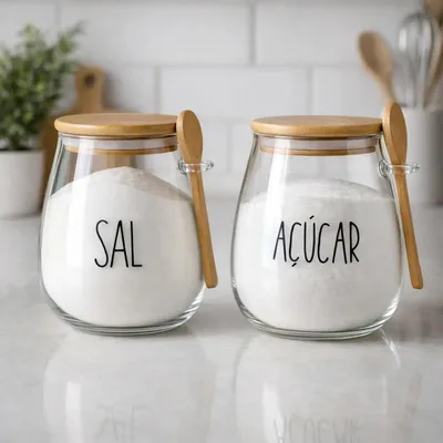 Pote de Vidro Borossilicato com Tampa e Colher de Bambu, 650 ml, Hermético, Design Minimalista, para Sal e Açúcar
