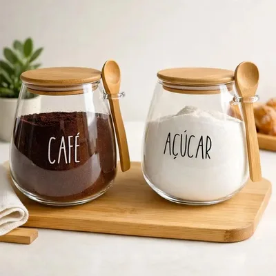 Kit 2 Potes de Vidro com Tampa e Colher de Bambu, Café e Açúcar, 650 ml, Hermético, Vidro Borossilicato