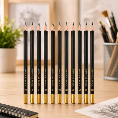 Kit Lápis de Desenho Profissional 12 Peças Lápis Artísticos Acessórios para Artistas e Estudantes Linha Super Premium 2H-H-F-HB-B-2B-3B-4B-5B-6B-7B-8B Preto