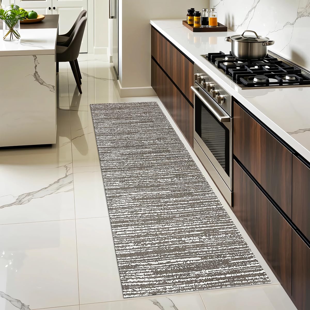 Tapete Passadeira Cozinha Corredor 70% Algodão 30% Poliéster Riscos Abstrato Jacquard 2,00m X 0,45m Antirrepante Lavável Resistente Decorativo Artesanal Tear Trançado (Marrom)