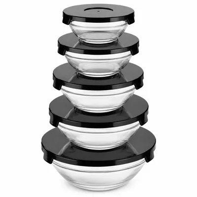Conjunto de 5 Potes de Vidro Bowl com Tampas Pretas 130ml 200ml 330ml 450ml e 850ml