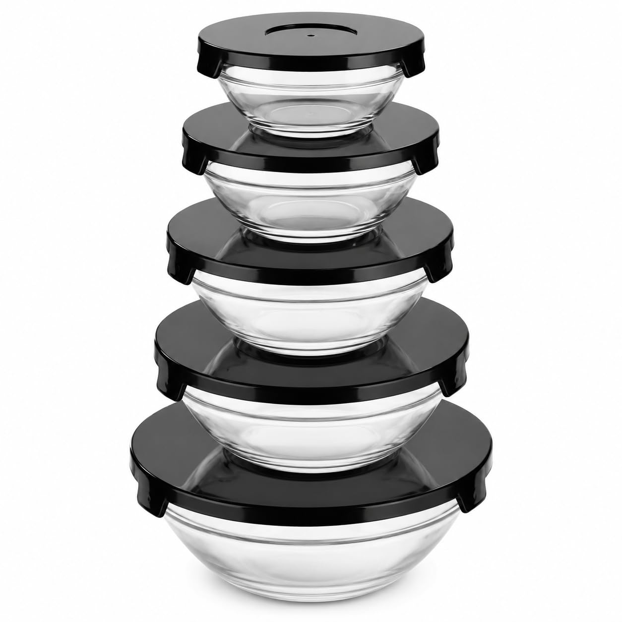 Conjunto de 5 Potes de Vidro Bowl com Tampas Pretas 130ml 200ml 330ml 450ml e 850ml