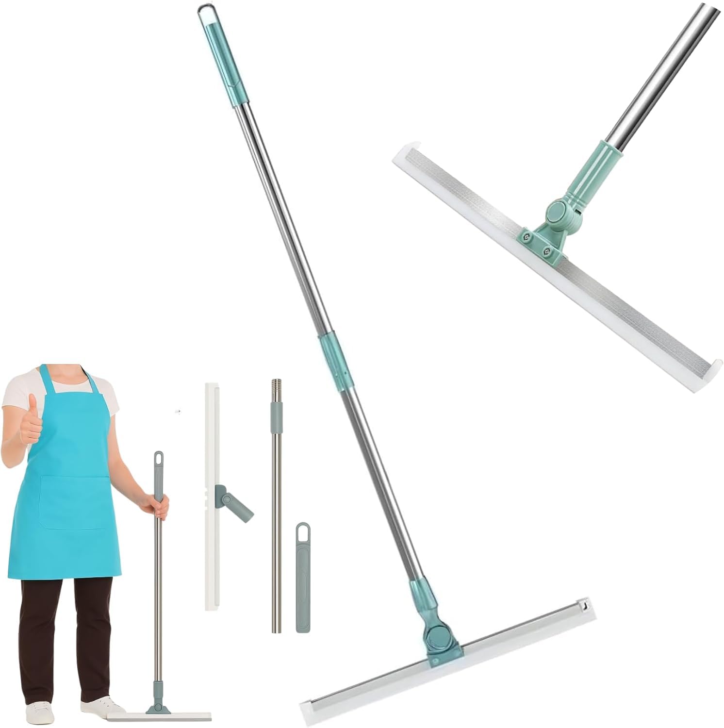 Rodo de Silicone para Puxar Água do Banheiro e Recolher Pelo de Cachorro, Vassoura Mágica 50cm com Cabeça Giratória 180° e Cabo Extensível até 112cm, Limpa Embaixo de Móveis, Box e Garagem