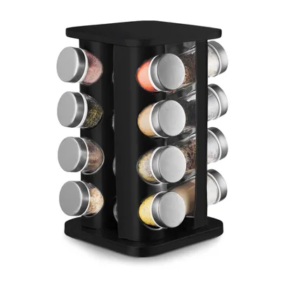 Porta Temperos Giratório 360°, com 16 Potes de Vidro e Aço Inox, Suporte Organizador de Condimentos, Preto