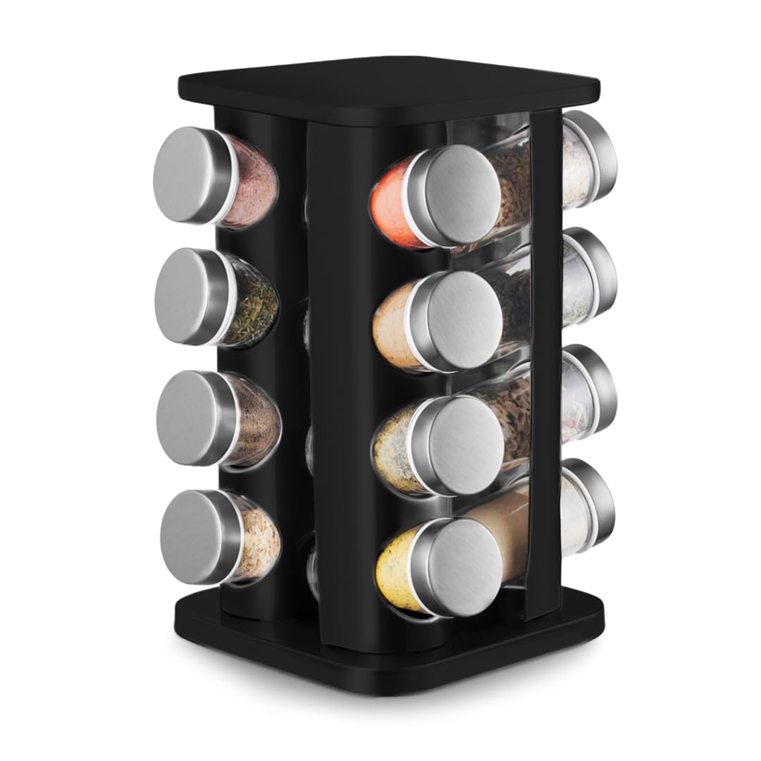 Porta Temperos Giratório 360°, com 16 Potes de Vidro e Aço Inox, Suporte Organizador de Condimentos, Preto