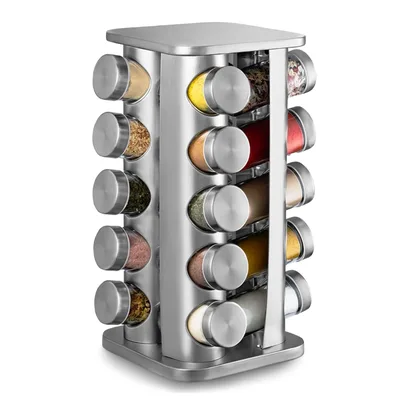 Porta Temperos Giratório 360°, com 20 Potes de Vidro e Aço Inox, Suporte Organizador de Condimentos, Prata