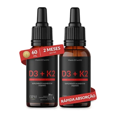 Vitamina D3 K2 em Gotas Sublingual ELLYM NUTRITION 2000 UI D3 + 120 mcg K2 Mk7 Sabor Morango Fortaleciomento Ósseo e Muscular (60 mL)
