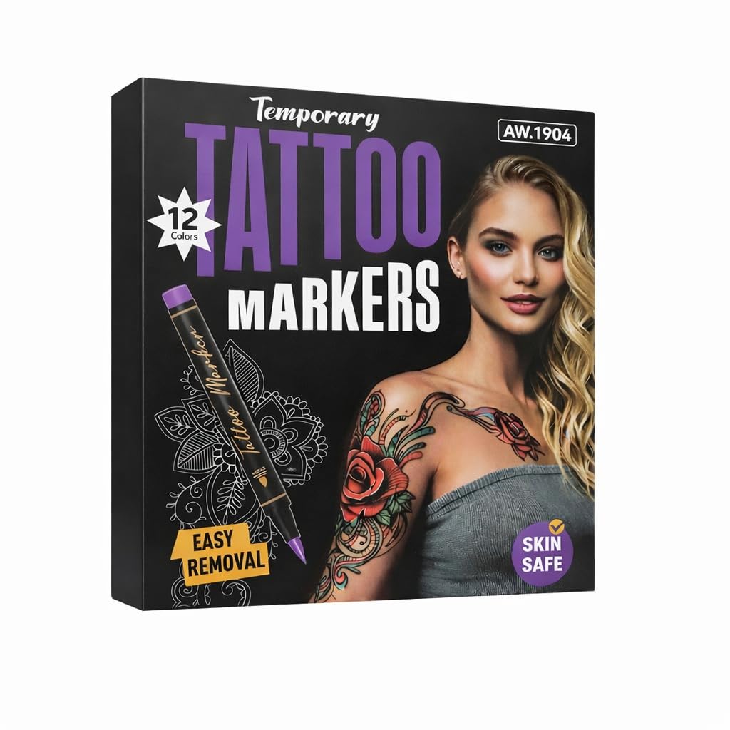 Canetas Tatuagem Temporária 12 Cores Efeito Metálico Lavável Corpo e Rosto Tattoo Fake Coloridas Para Pele Body Art