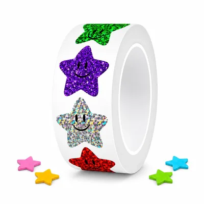 Adesivos Estrela 500 figurinhas, Formato Estrela Sorridente, Coloridos, em Rolo para Decoração e Artesanato,Recompensa Escolar Infantil