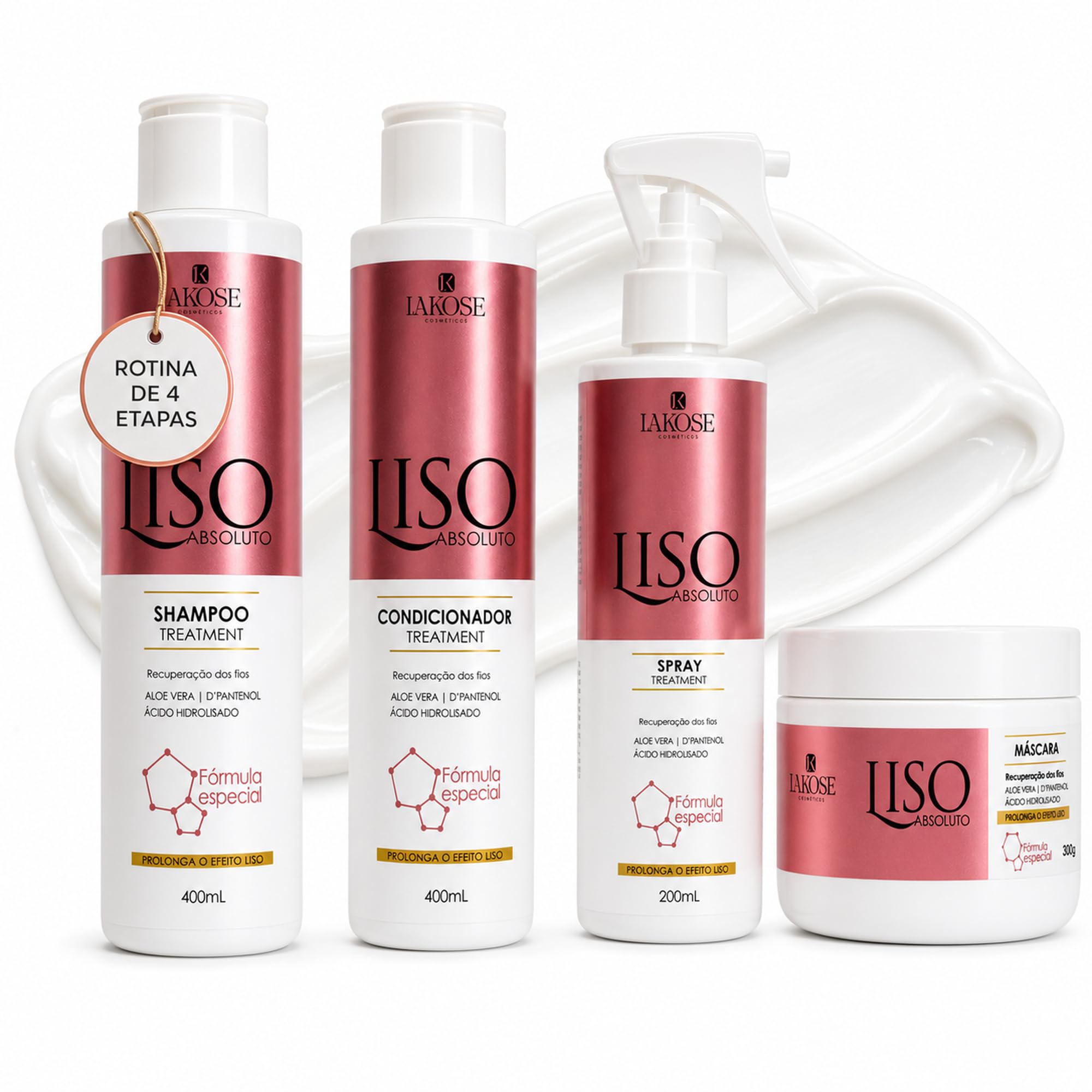 Kit Lakose Liso Absoluto Shampoo Condicionador Máscara e Spray 4 Passos | Alinhamento, maciez e brilho em uma rotina completa de cuidado