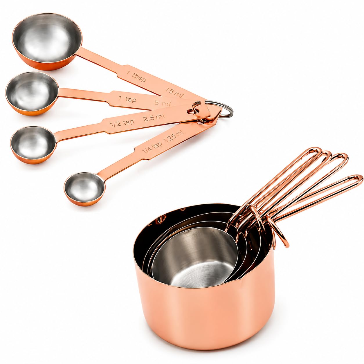 Kit Medidores de Cozinha 8 Peças Aço Inox Rose Xícaras e Colheres Medidoras | Ideal Para Alimentos Secos e Líquidos – Com Bico Vazador, Medidas Gravadas e Design Empilhável