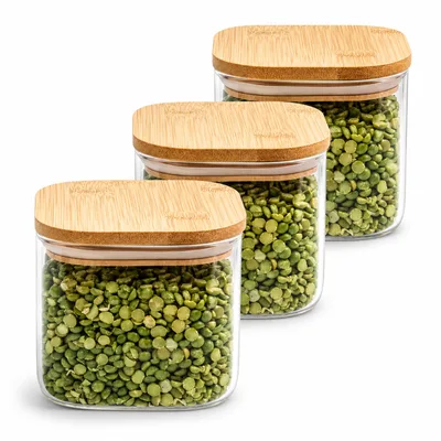 Kit Potes Herméticos de Vidro Transparente Tampa de Bambu (Kit 3-600ml)