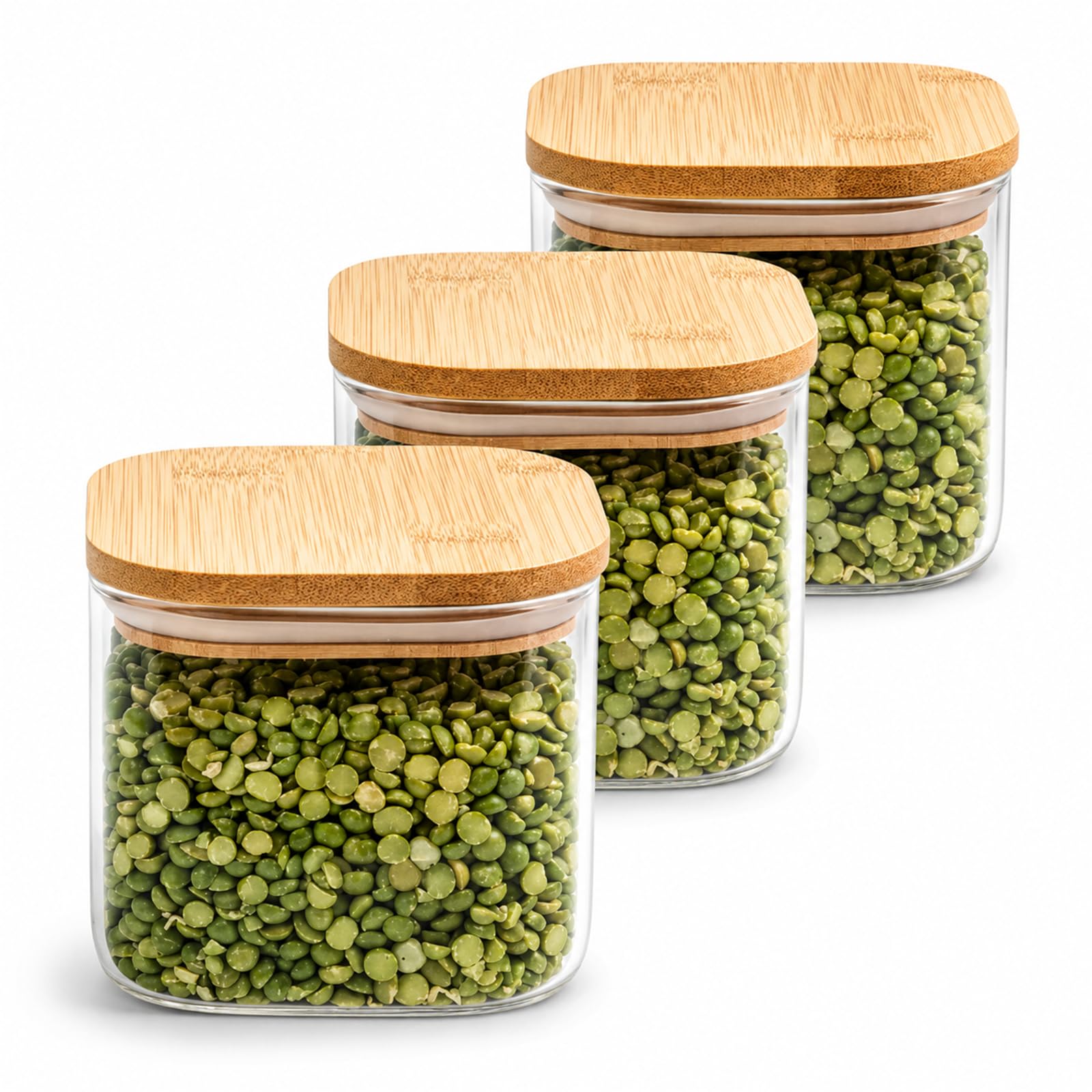 Kit Potes Herméticos de Vidro Transparente Tampa de Bambu (Kit 3-600ml)