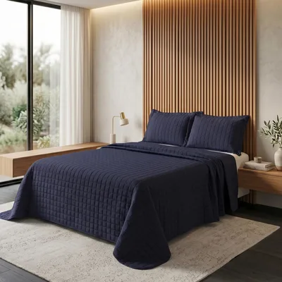 Kit Colcha Cobre Leito QUEEN 3 Peças Athenas Matelassê Dupla Face - Micropercal 400 Fios Toque de Hotel (2,40m x 2,60m) - Azul Marinho