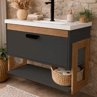 RIVERZZA Gabinete Armario de Banheiro 100% MDF - Riva Com Nicho 60cm | Nicho Integrado, 1 Porta, Furação para Torneira, 65 x 31 x 48 cm, Fácil Montagem