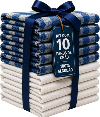 Kit 10 Panos de Chão 100% Algodão 5 Brancos 45x65cm e 5 Xadrez 40x65cm Grosso Alta Absorção para Limpeza Doméstica Comercial e Industrial