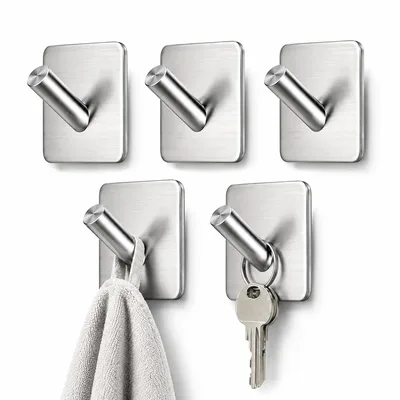 Kit 5 Ganchos Adesivo de Parede Aço Inox Ganchos Multiuso Suporte Autocolante Sem Furar Resistente Organizador para Banheiro Cozinha Quarto Toalhas Roupas Chaves Mochilas Utensílios Casa