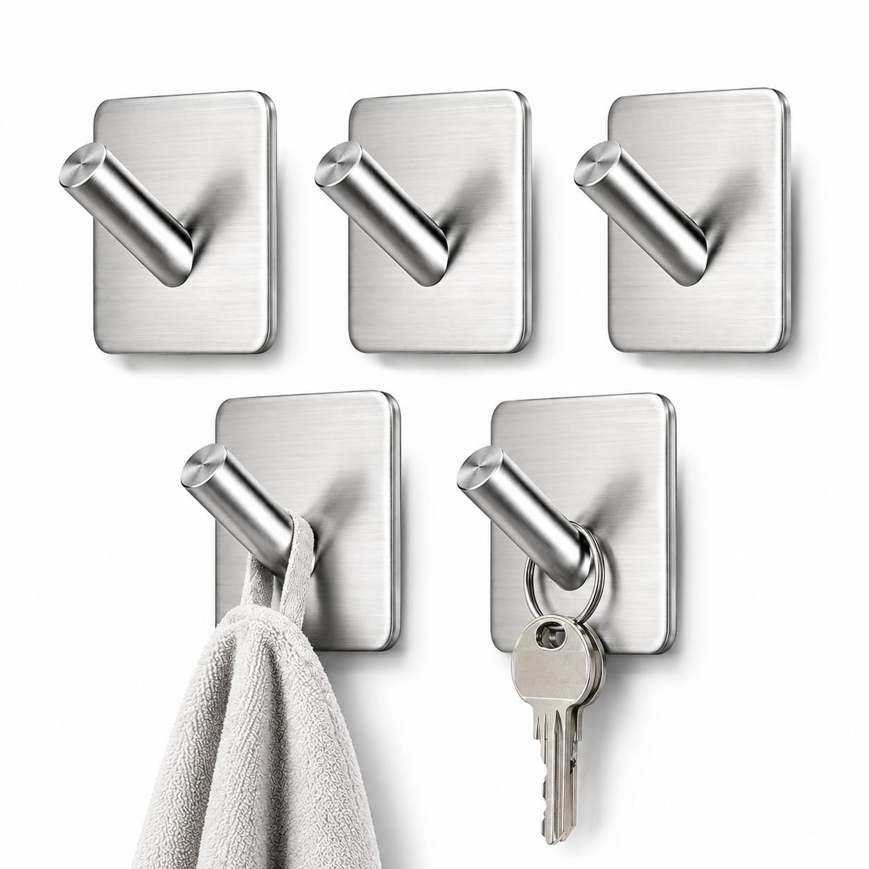 Kit 5 Ganchos Adesivo de Parede Aço Inox Ganchos Multiuso Suporte Autocolante Sem Furar Resistente Organizador para Banheiro Cozinha Quarto Toalhas Roupas Chaves Mochilas Utensílios Casa