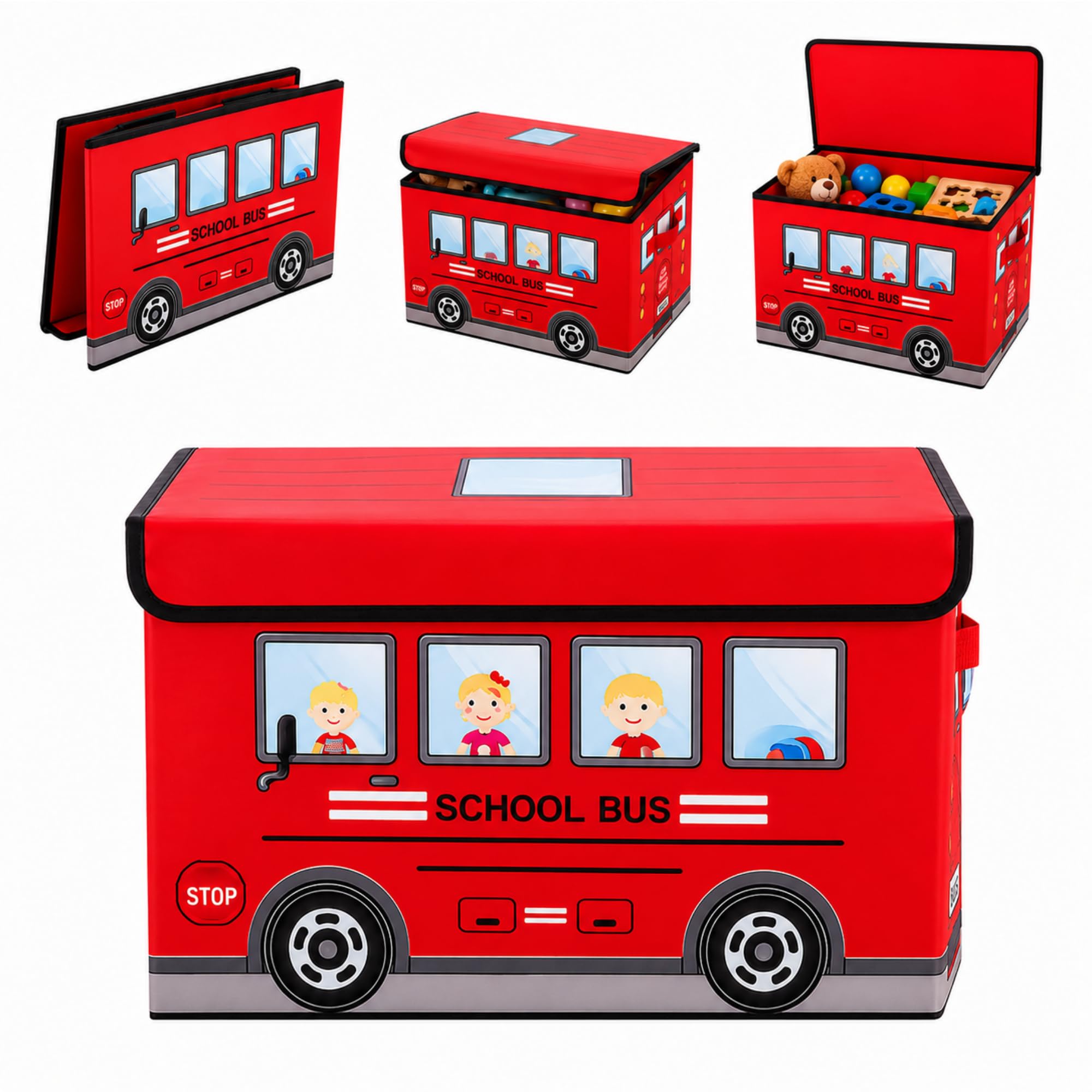Organizador Infantil com Tampa Dobrável 25x25x38 cm Onibus Vermelho | Tampa com Velcro - Materia Impermeável - Alças Laterais