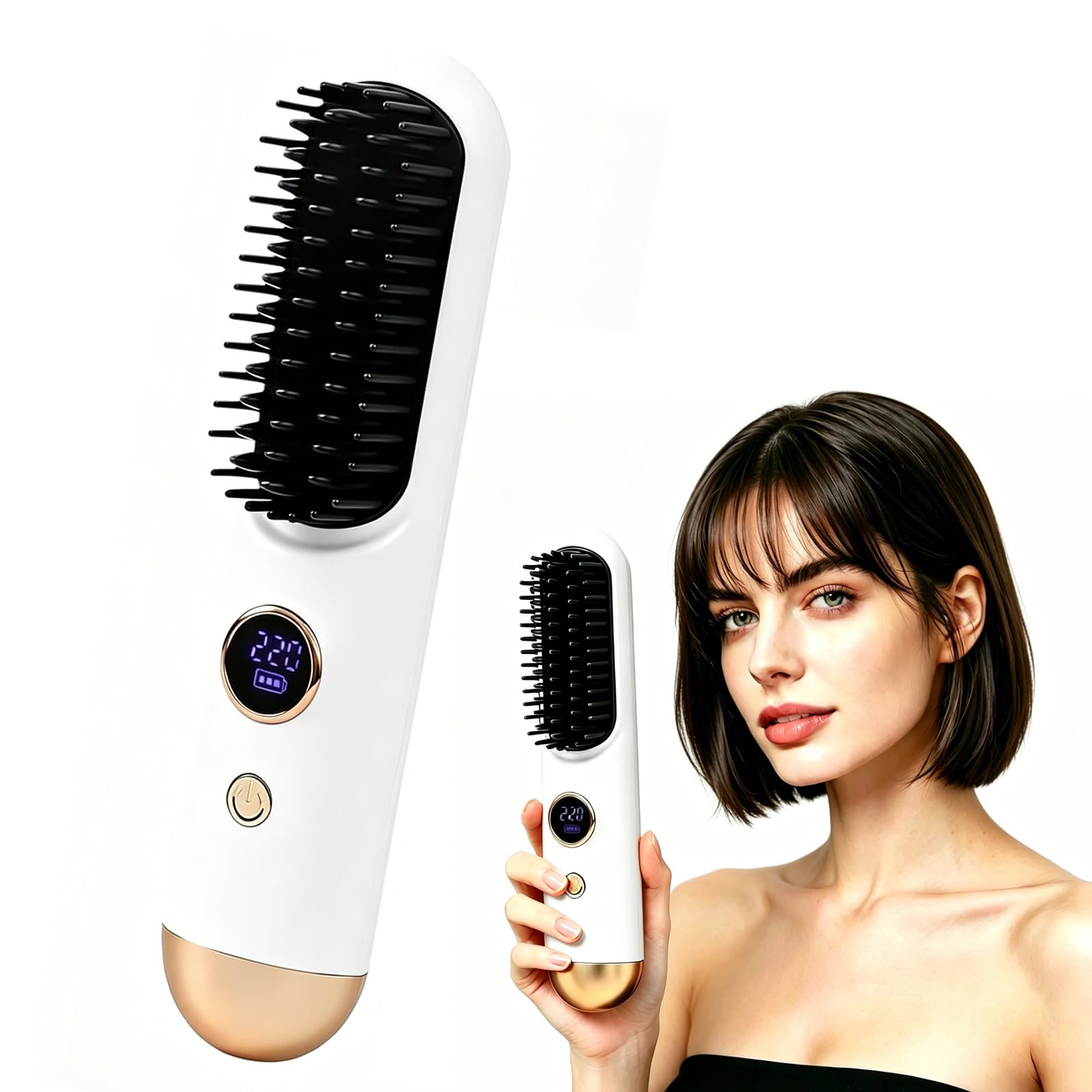 Escova Alisadora De Cabelo Sem Fio Para Viagem, Pente Alisador Pequeno Portátil Usb-C Mulheres, Mini Quente Recarregável, Ferramentas Modelagem Aquecidas Anti-Queimaduras Cor Branco Gelo (Bege)