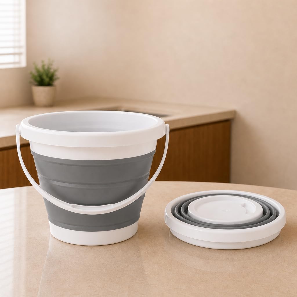 Balde Silicone Dobrável Retrátil 5 Litros para Casa e Viagem - Cinza | balde flexível, recipiente multiuso, transporte água, acampamento, lavar carro, organizador maleável, utilidades