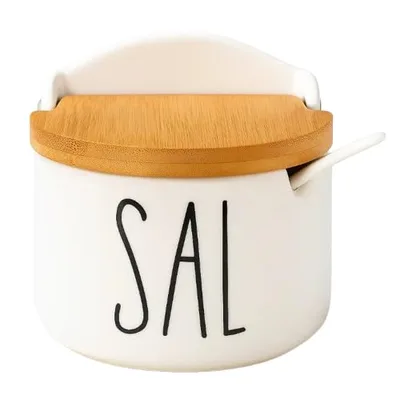 Saleiro Porcelana Luxo Com Tampa Bambu E Colher De Mesa Porta Sal Elegante