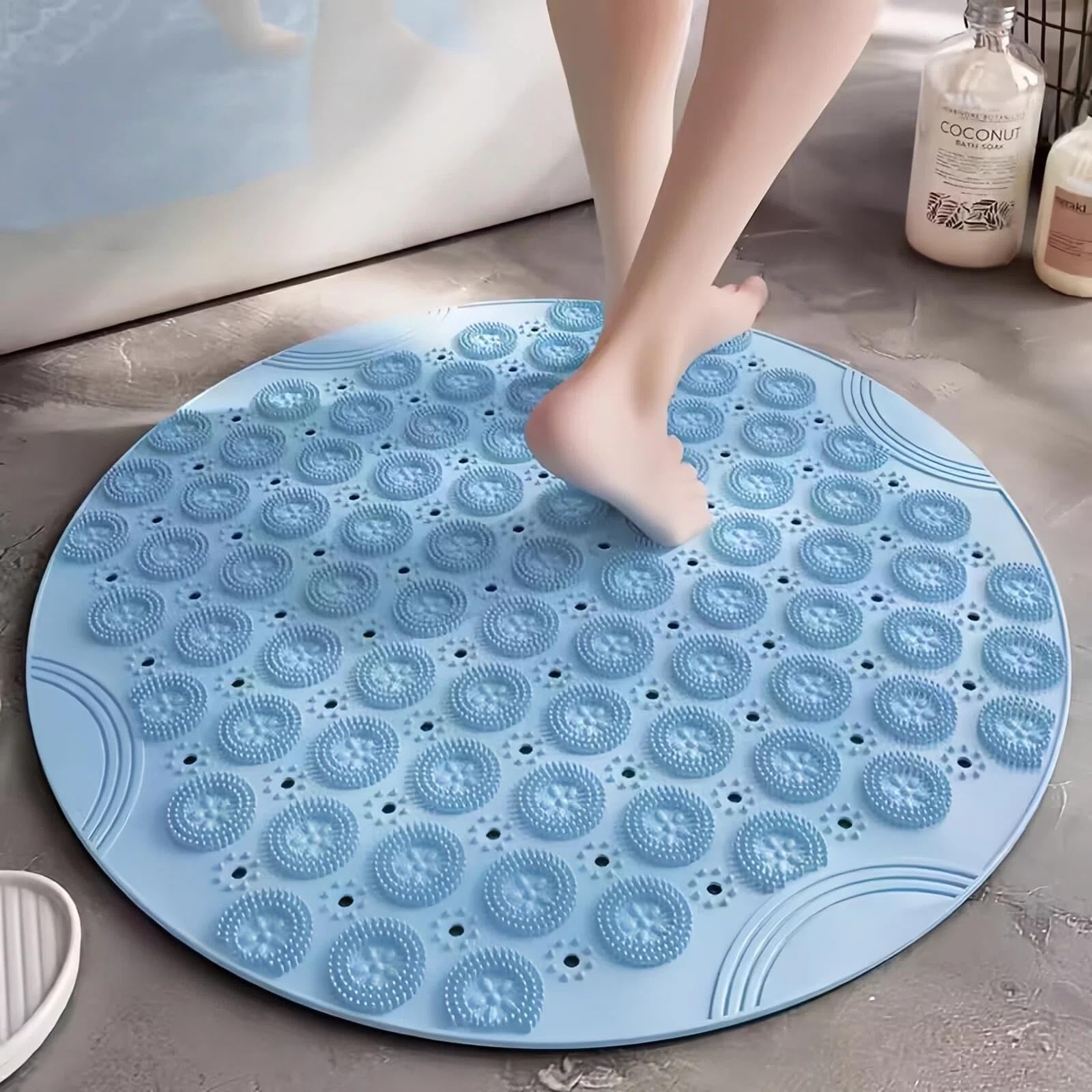 Tapete Banheiro Antiderrapante Redondo em PVC Macio com Ventosas e Furos de Drenagem, Tapete Box com Pontos Massageadores, Evita Quedas, Ideal para Banheiro Residencial