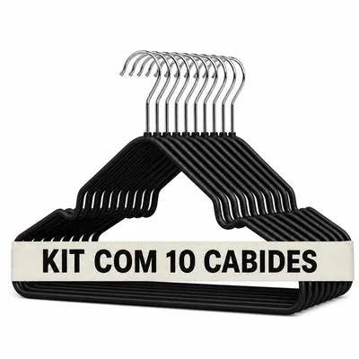 Kit 10 Cabides Branco Preto Café Antiderrapante C/Curva e Gancho de Metal | Organização Prática com Melhor Acomodação das Roupas