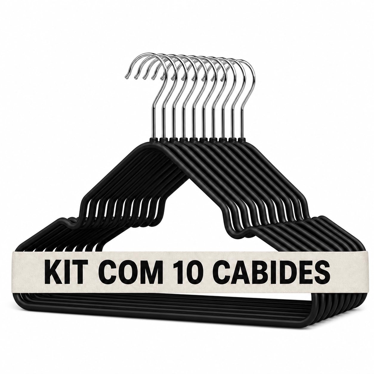 Kit 10 Cabides Branco Preto Café Antiderrapante C/Curva e Gancho de Metal | Organização Prática com Melhor Acomodação das Roupas