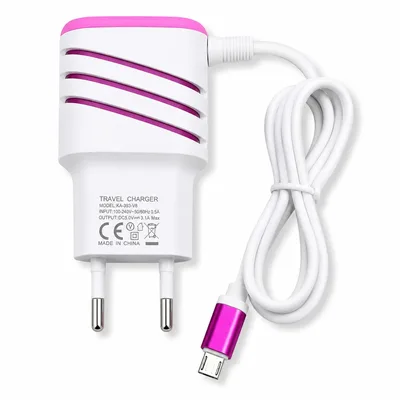 Carregador Dual USB 3.6A Ultra Rápido com Cabo Tipo C (Branco e Rosa) | Carregamento Rápido, Dois Conectores USB, Cabo Tipo C Incluso, Portátil, Para Celular