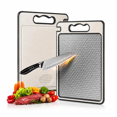 Tábua de Corte Cozinha em Aço Inoxidável e PP Antiderrapante | Superfície Higiênica para Carnes, Frutas e Vegetais, Afiador Integrado e Alça Ergonômica