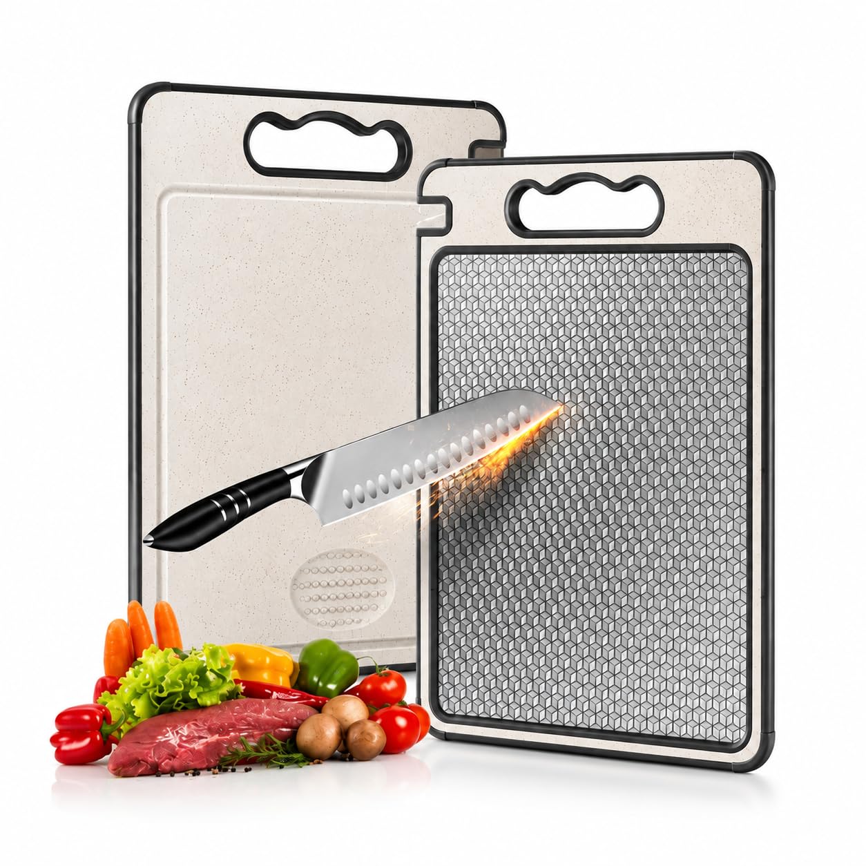 Tábua de Corte Cozinha em Aço Inoxidável e PP Antiderrapante | Superfície Higiênica para Carnes, Frutas e Vegetais, Afiador Integrado e Alça Ergonômica