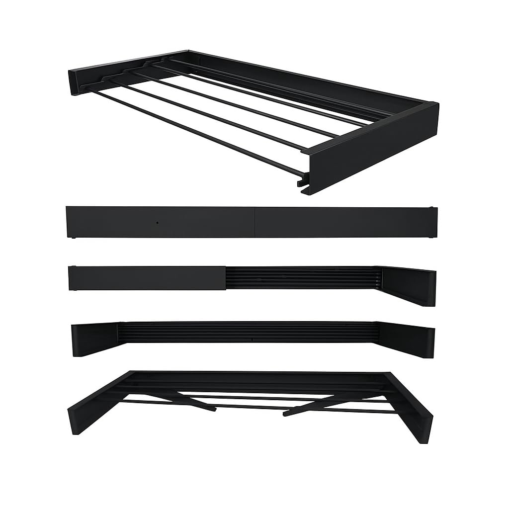 Varal de Parede Retrátil 120cm 7 Varetas Alumínio Apartamento Kitnet (Preto)