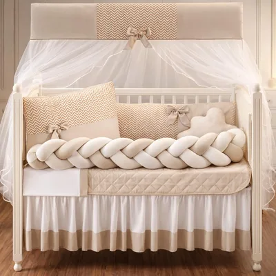 Kit Protetor de Berço Americano Trança Doce de Bebê Bege 11 Peças | Menino e Menina, Inclui Dossel, Almofada Nuvem, Trança Decorativa, Conjunto Completo