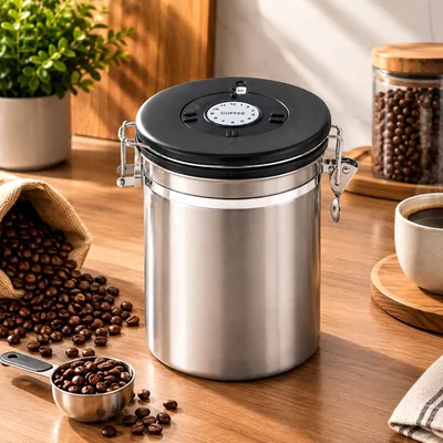 Pote Porta Grãos de Café Hermético 1,5L com Válvula de Escape e Medidor | Em Aço Inox Ideal Para Armazenar Grãos e Café Em Pó, Com Vedação Hermética Eficiente