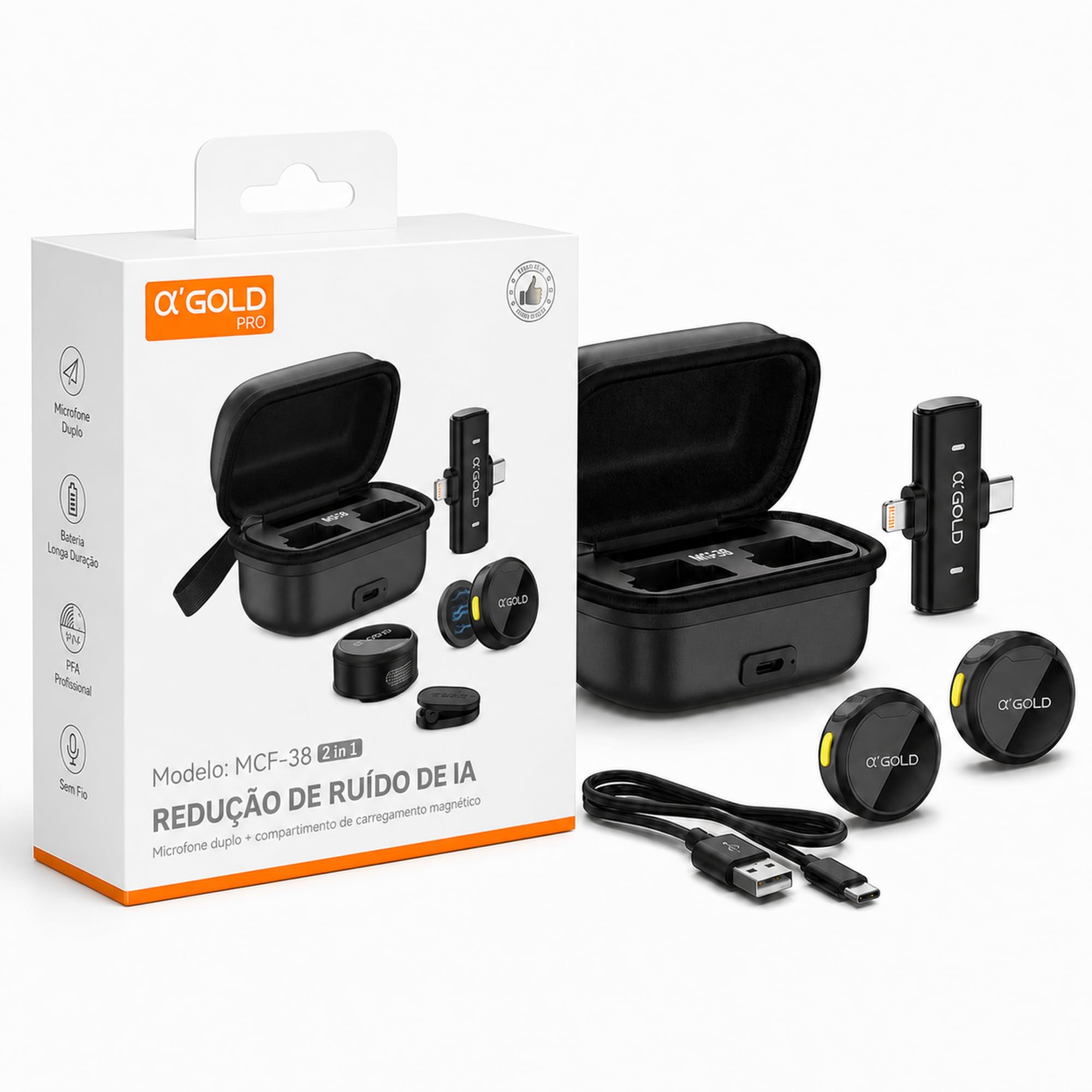 Kit 2 Microfones de Lapela aGold Sem Fio com Case Lightning e USB-C Até 12h | Áudio mais limpo, dois microfones e liberdade para gravar sem fios