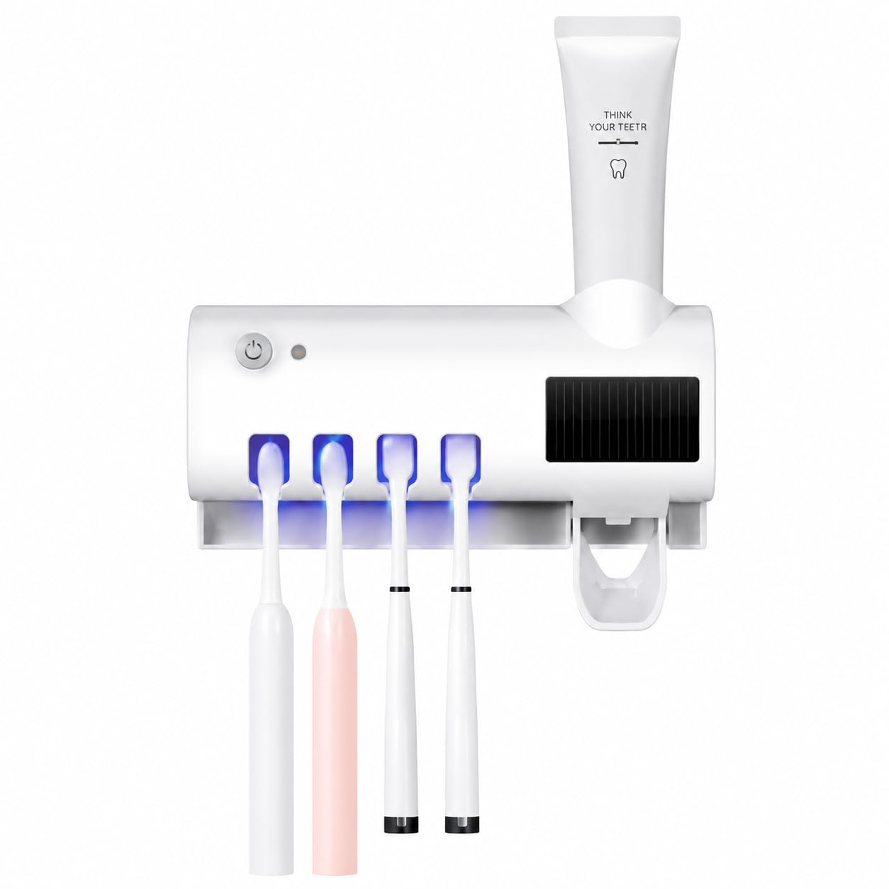 Porta Escova de Dente com Esterilizador UV e Dispenser de Pasta, Suporte Multifuncional de Parede para Banheiro com Recarregamento Solar, Organizador para Escovas