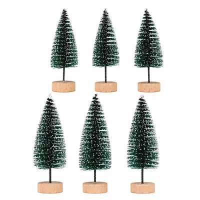 Kit 6 Mini Árvores de Natal Nevada com Glitter e Base de Madeira