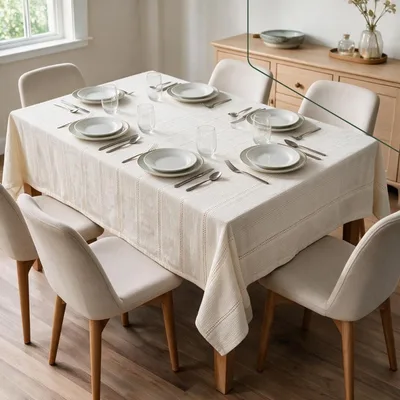 Toalha de Mesa Retangular 6 Lugares 1,50x2,20 Rústica Algodão Cru Vazada | Toalha Artesanal Feita Em Tear Manual