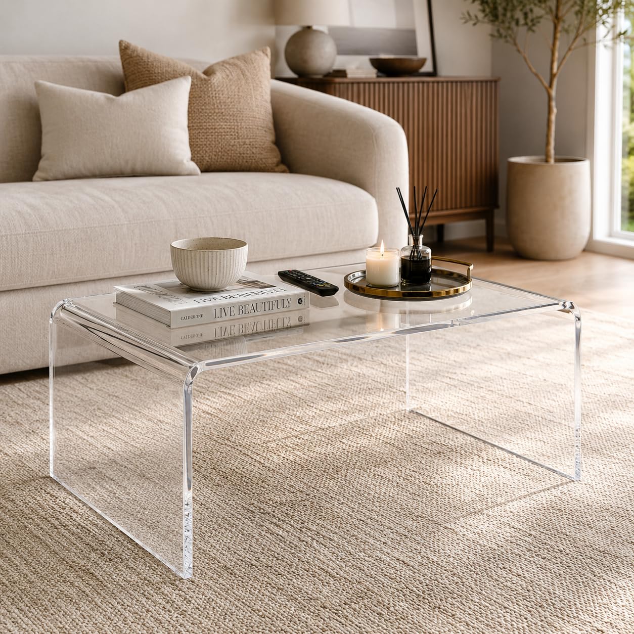 Mesa de Centro Acrílica Transparente Cristal, Mesa Lateral para Sofá e Sala de Estar, Suporte Decorativo Moderno para Livros, Café e Objetos, Design Minimalista sem Montagem