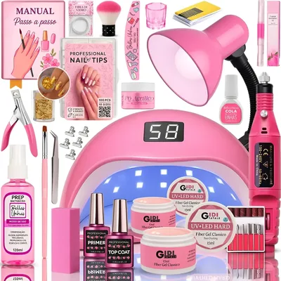 Kit Manicure Unhas Uv Gel Acrigel Lixa Elétrica Cabine Sun Com Cabine Rosa