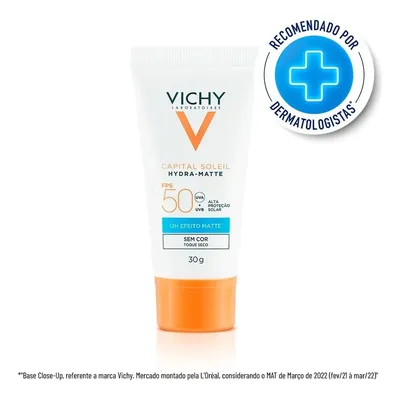 Protetor Solar Facial com Efeito Matte por 12h, Alta Proteção FPS 50, Toque Seco e Controle de Brilho, Sem Cor, Capital Soleil HydraMatte, Vichy, 30g