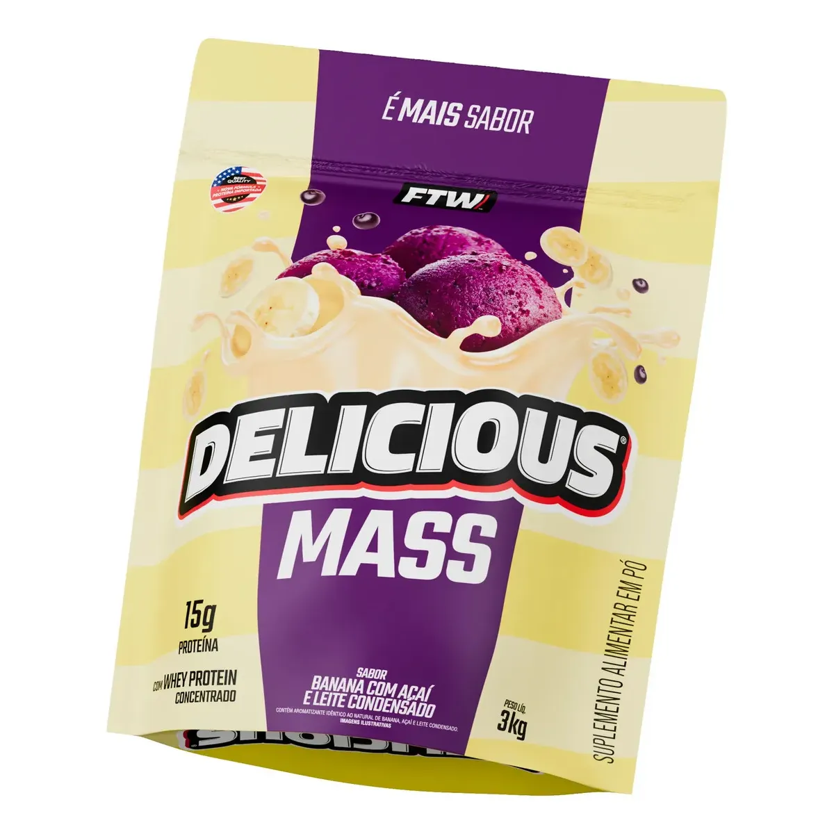 Hipercalórico Delicious Mass FTW 3kg Sabor Banana Açai e Leite Condensado Ganho de Massa - 15g Proteína
