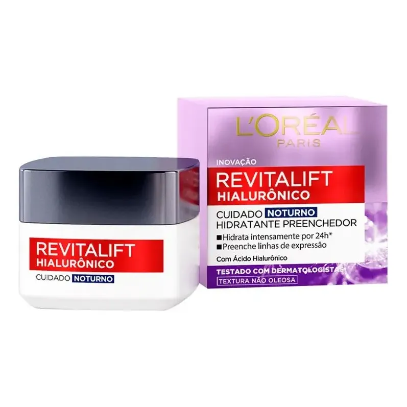 L'Oréal Paris Revitalift Hialurônico Creme Facial Noturno, com Ácido Hialurônico Puro, Com textura leve, preenche linhas de expressão e hidrata a pele intensamente por 24h, 49g