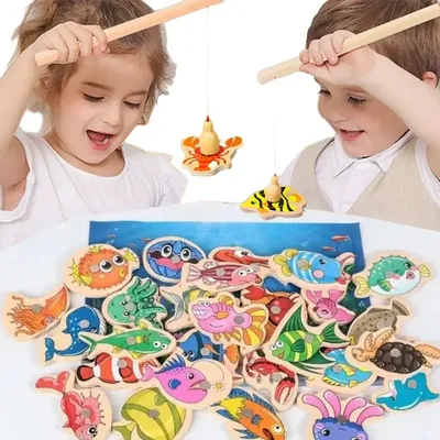 33 Peças Brinquedos Magnéticos De Pesca De Madeira 31pcs