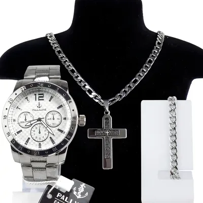 Kit Relogio Masculino Cordao Crucifixo Prata + Pulseira Cor da correia Prateado