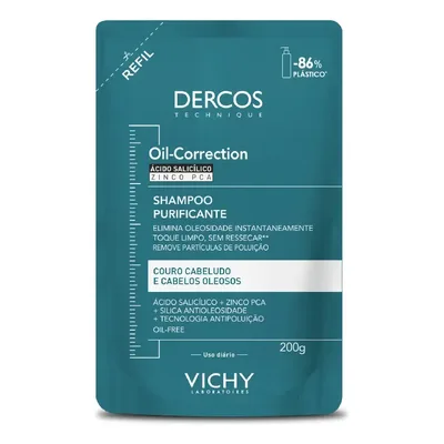 Refil Shampoo Purificante para Cabelos Oleosos Limpeza Profunda sem Ressecar os Fios Fórmula com Ácido Salicílico e Zinco PCA Oil-Correction Vichy Dercos 200g
