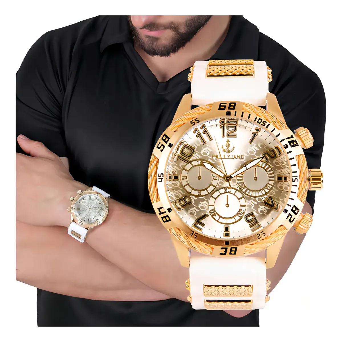 Relógio A Prova Dagua Contra Respingos Masculino De Pulso Cor da correia P Cor do bisel Dourado Fundo Dourado C